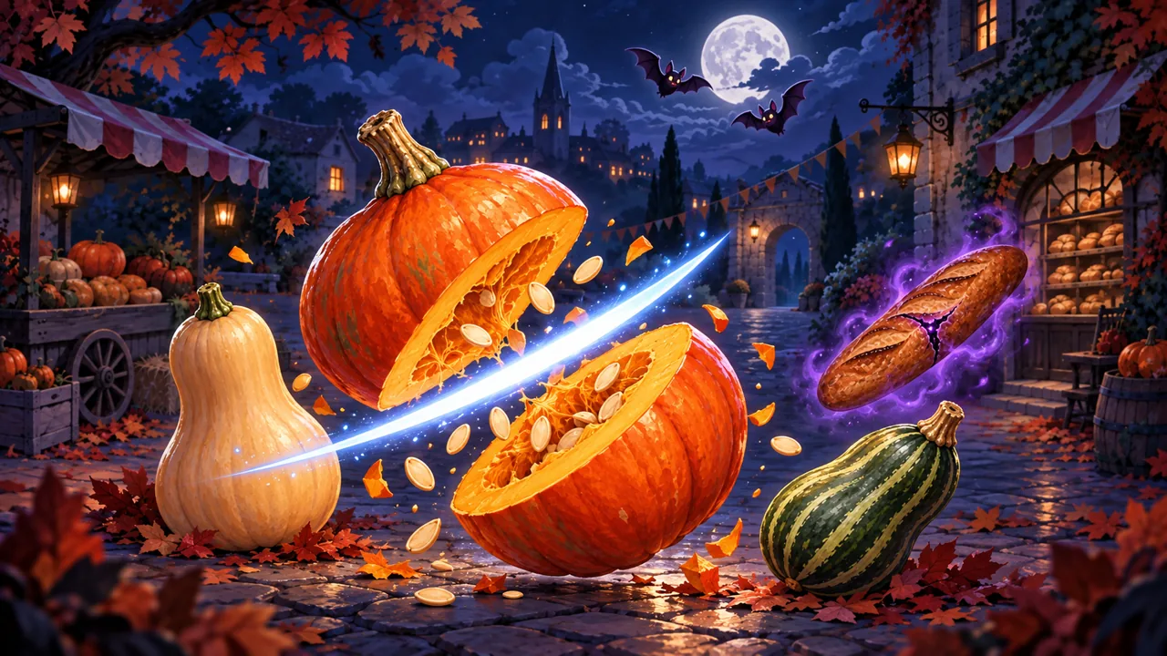 Une courge coupée en deux par un éclair de lame, sous la lune d’un marché d’automne